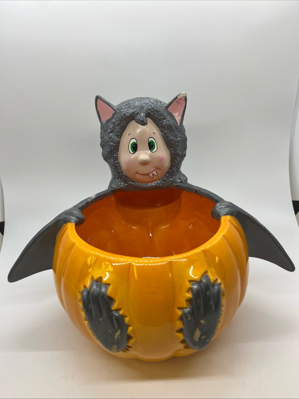Vintage Vampire Bat Pumpkin Ceramic Bowl Mold Halloween Wings Candy Treat Holder